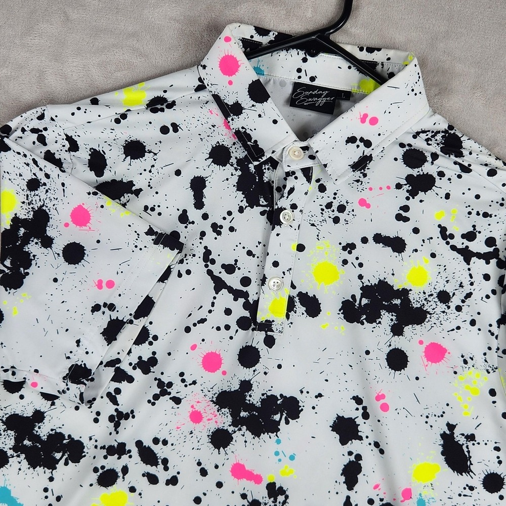 Sunday Swagger Polo Shirt Mens Large White Neon Splatter Golf Performance
